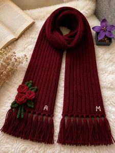 Handmade Knit Scarf with Roses & Tassels