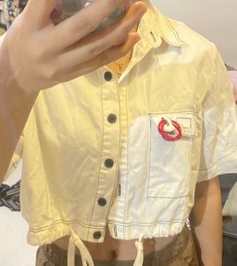 White Cropped Button-Up Shirt with Red Accent