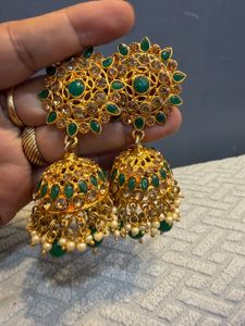 Exquisite Gold Plated Jhumka Earrings with Green S