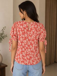 Chic Floral Print Top with Tie Sleeves