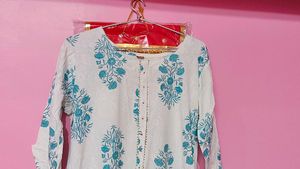 Elegant White &amp; Blue Floral Kurta Set with palazzo