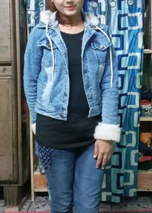Hooded Denim Jacket with Fur Trim