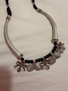 Silver Oxidized Necklace with Floral Design