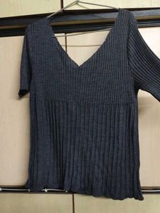 Gray Ribbed V-Neck Top