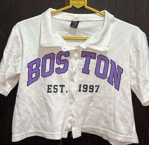 White Boston Est. 1997 Cropped Polo Shirt