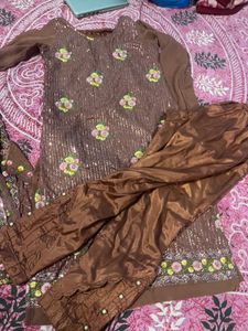 Embellished mauve brown Kurta Set with Dupatta