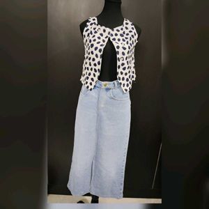 Denim Maxi Skirt with Polka Dot Top
