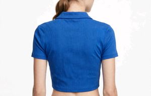 Blue Ribbed Cropped Polo Top