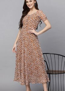 Woman Brown Floral Midi Dress