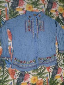 Embroidered Blue Crinkle Blouse