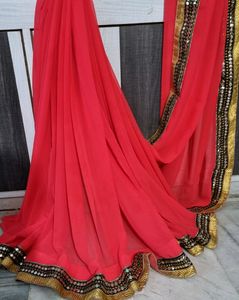 Red And Gold Toned Sequence Embroidered Saree