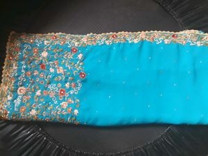 Stunning Embroidered Teal Saree