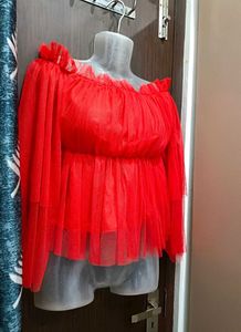 Red Tulle Off-Shoulder Top