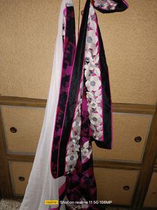 Beautiful Pink,White Nd Black Sareee With Blouse