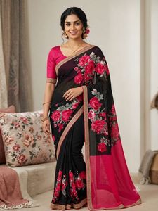 Elegant Black Saree with Pink Roses