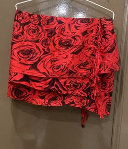 New Red Rose Print Shawl with Tassels