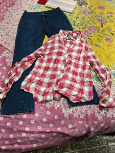 Flared Jeans and Plaid Shirt Set