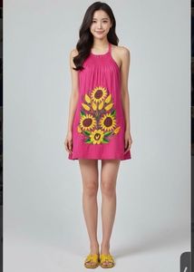 Sun Flower Embroidery Backless Dress