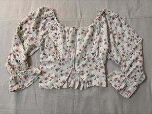 Floral Puff Sleeve With Zip-Up Blouse