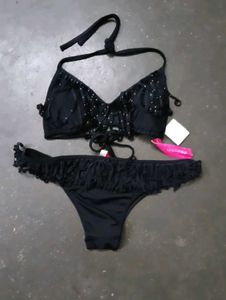 Black Ruffle Bikini with Gold Studs