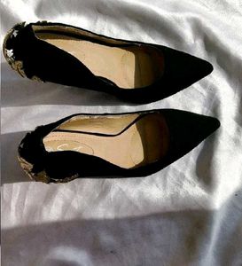 Black Stiletto Heels with Gold Leaf Detail