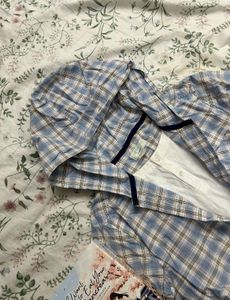Blue Plaid Button-Up Shirt with Hood