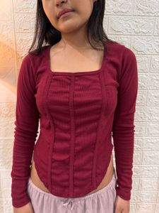 Burgundy Long Sleeve Button-Up Top