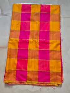 Vibrant Pink &amp; Yellow Checked Silk Saree