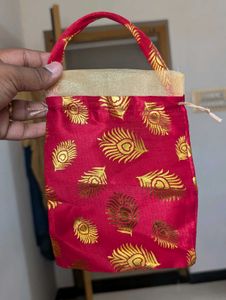 Red Peacock Print Drawstring Pouch