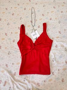 Red Twist Front Tank Top with Necklace