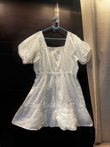 White Square Neck Puff Sleeve Dress