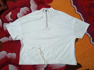 White Ribbed Zip-Up Crop Top