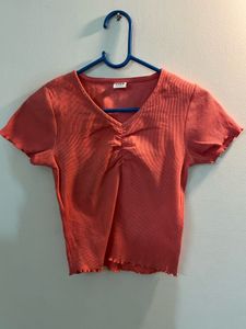 Cute Peach Ruched V-Neck Crop Top