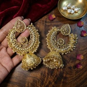 Golden Jhumka Earrings with Pearls