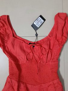 Coral Red Smocked Fit &amp; Flare Mini Dress