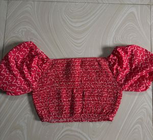 hot pink Smocked Puff Sleeve Crop Top, size M
