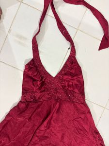 Stunning Burgundy Halter Neck Party Dress