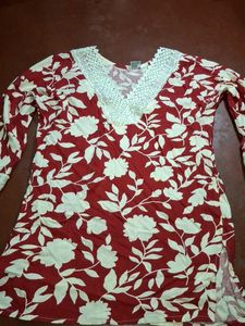 Red Floral short Kurta with Lace Neckline