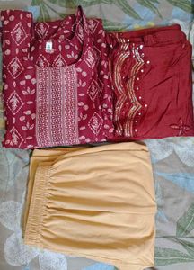 Maroon Printed Kurta Set With Tiki Work