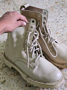 Cream Lace-Up Combat Boots