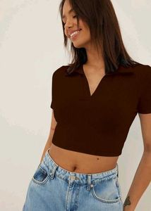 Brown Ribbed Cropped Polo Top