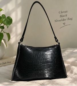 Chic Black Faux Leather Croc Shoulder Bag