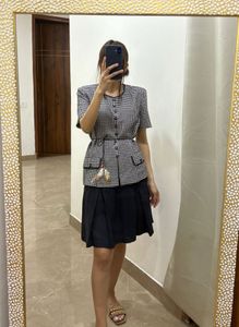 Navy Blue &amp; White houndstooth Pleat Dress