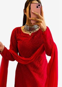 Stunning Red Sequined Kurta Set with Dupatta