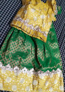 Green & Yellow Pattu-Pavadai Set 5-6years