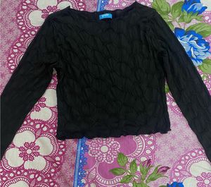 Black Textured Long Sleeve Crop Top