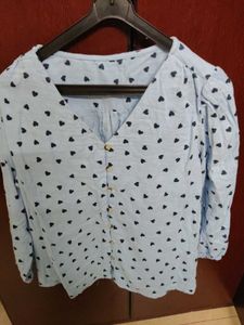 Light Blue Heart Print Button-Up Top