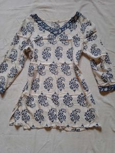 Blue & White Printed Cotton Short Kurta
