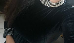 Black Velvet Partywear Dress With Embellished Belt