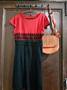 Chic Red &amp; Black Casual Dress and bag free